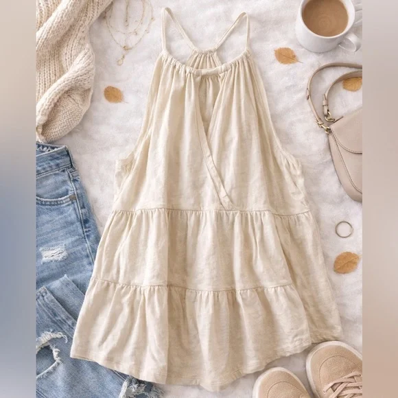 American Eagle Cream Tiered Tank Top Size Medium - Picture 1 of 4